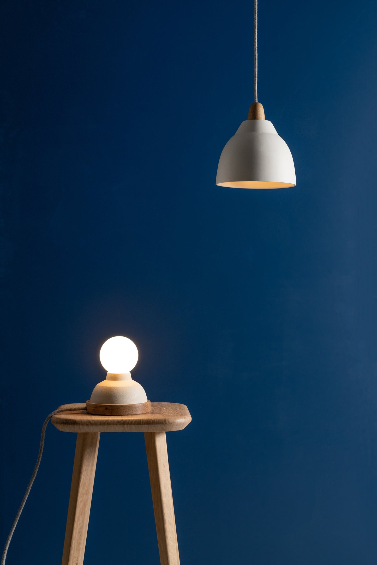White Element Pendant Light in Ceramic and Oak by StudioHaran