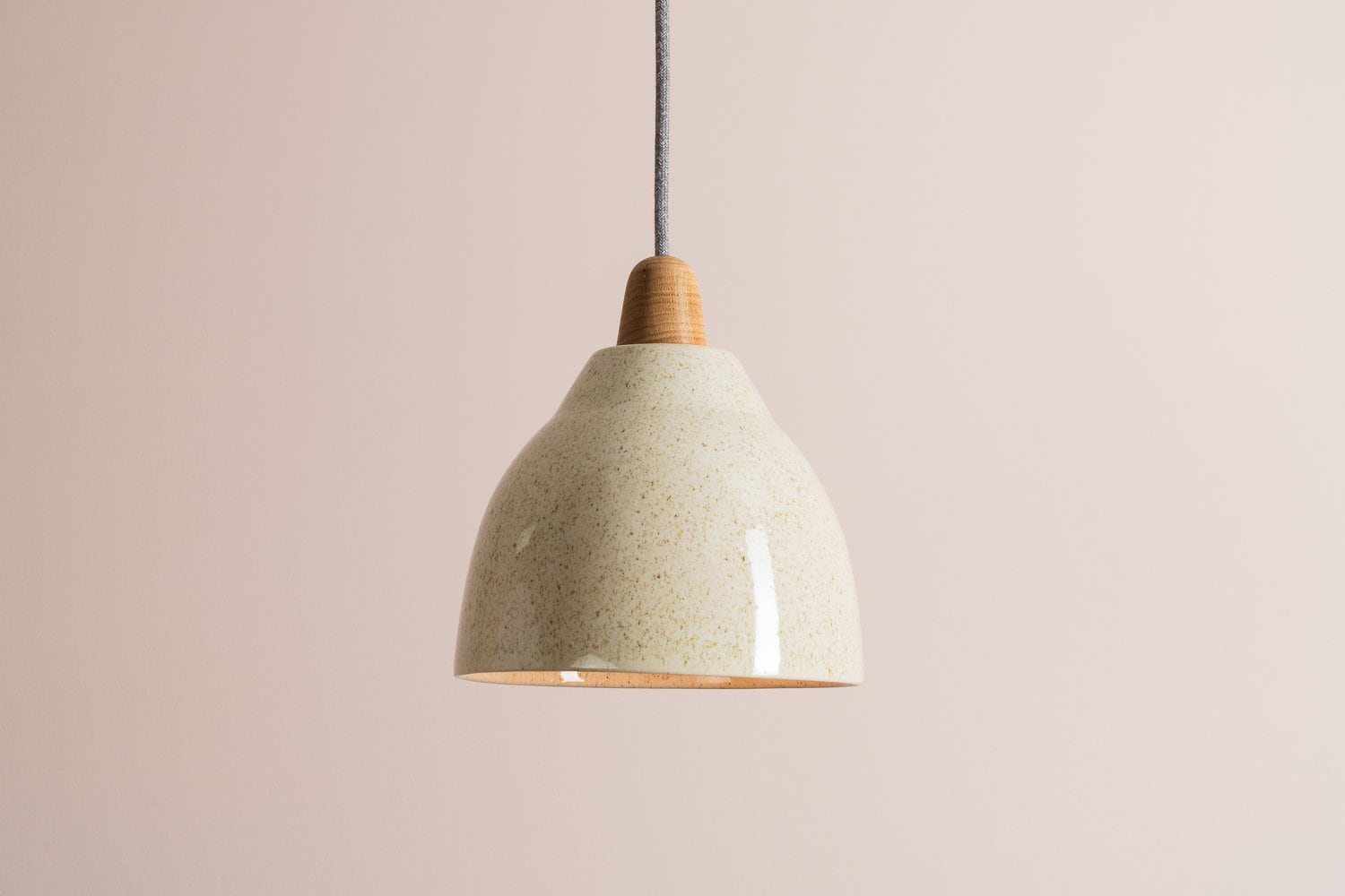 Speckled Cream Gloss Element Pendant Light in Ceramic and Oak by StudioHaran