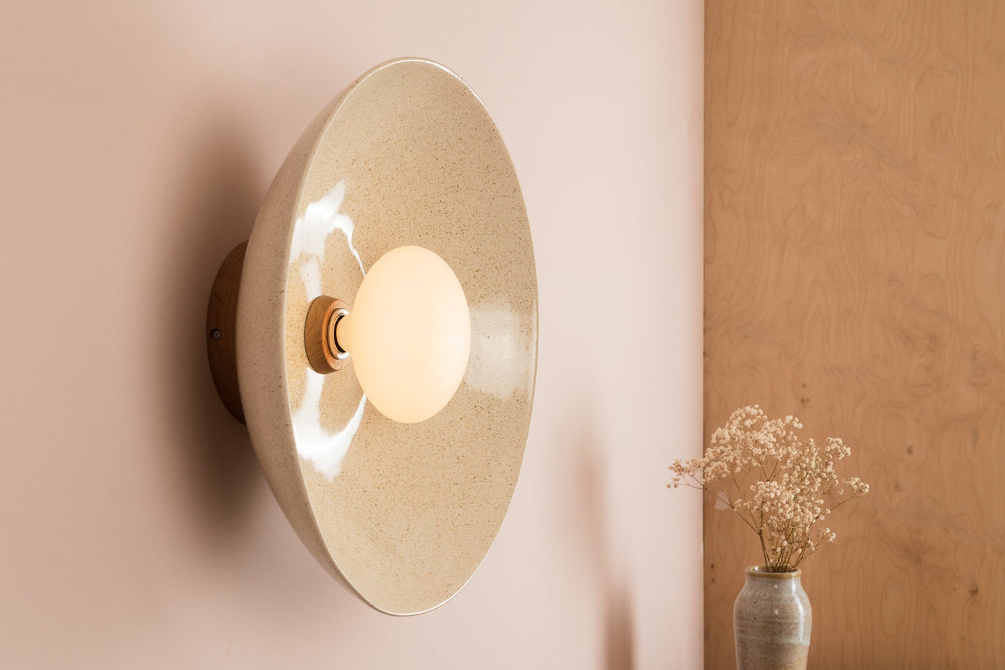 Speckled Cream Gloss XL Dawn Wall Light Sconce in Ceramic and Oak by StudioHaran