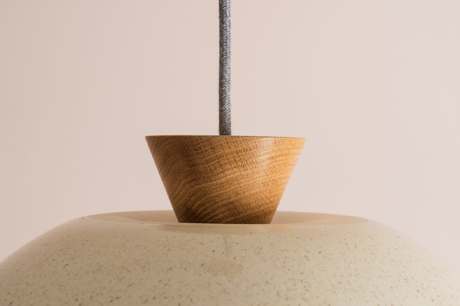 Speckled Cream Matt Dawn Pendant Light in Ceramic and Oak by StudioHaran