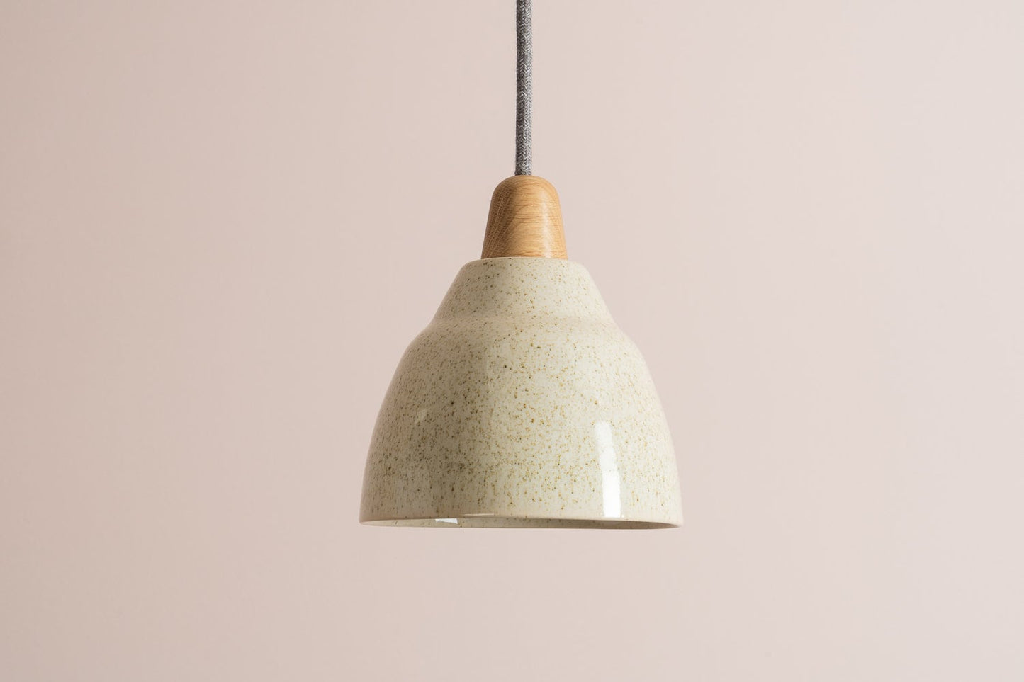 Small Speckled Cream Gloss Element Pendant Light in Ceramic and Oak by StudioHaran