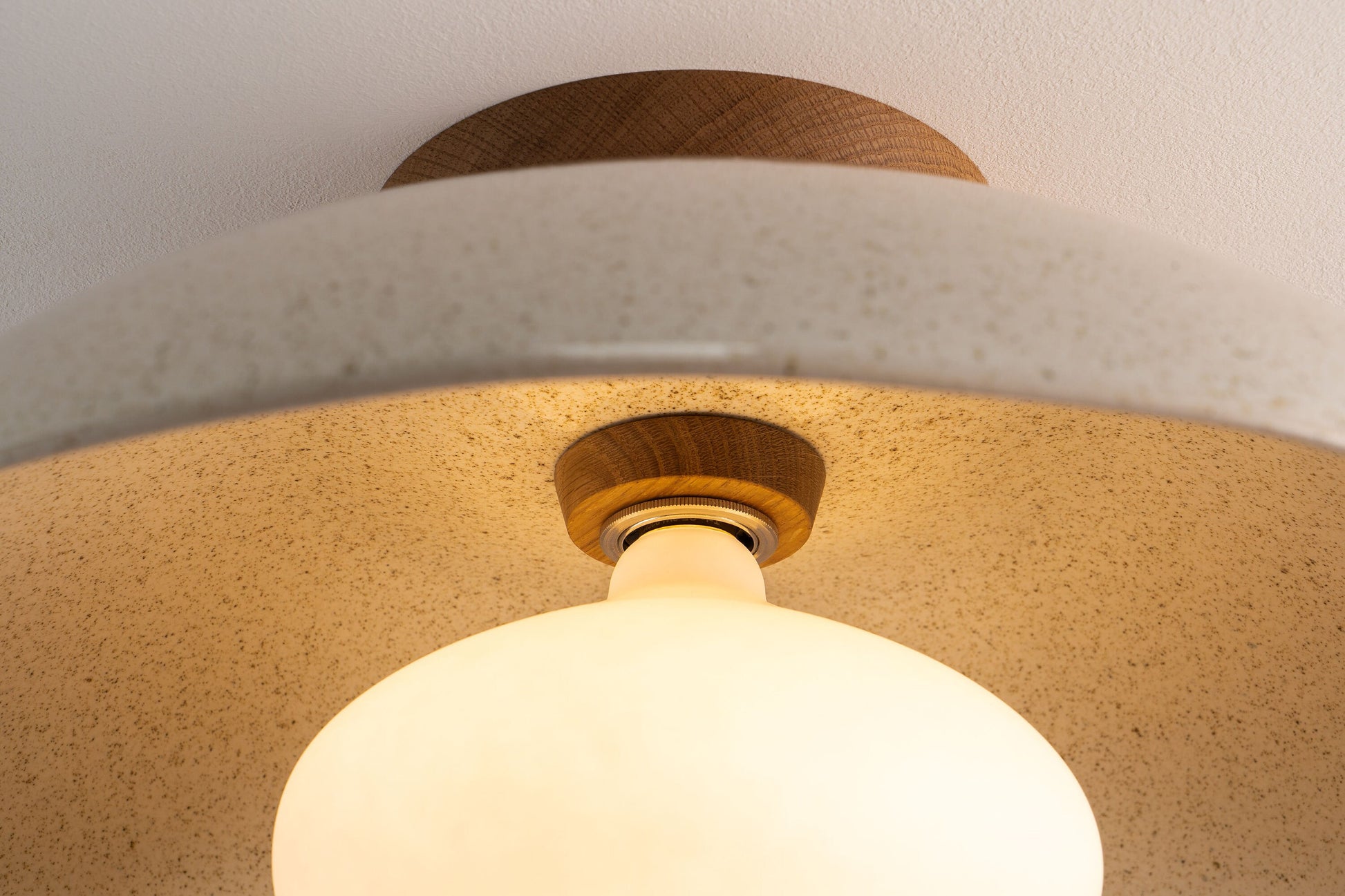 Speckled Cream Gloss XL Dawn Flush Mount Ceiling Light in Ceramic and Oak by StudioHaran