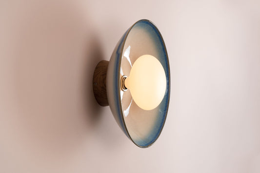 Dawn wall light/wall sconce in ceramic and oak: blue and white gloss by StudioHaran