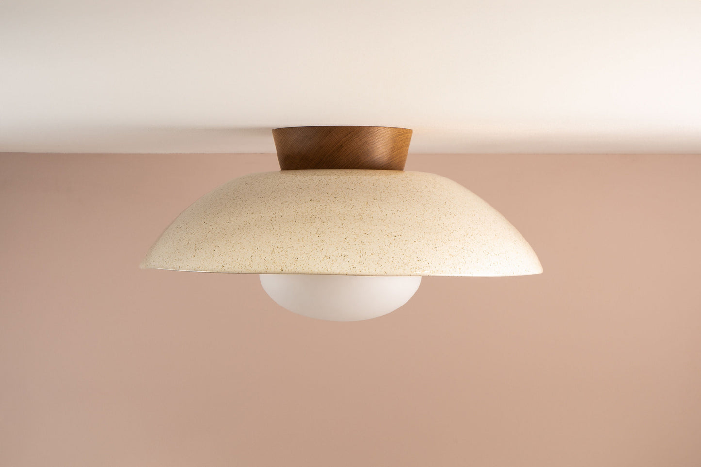 Speckled Cream Gloss XL Dawn Flush Mount Ceiling Light in Ceramic and Oak by StudioHaran
