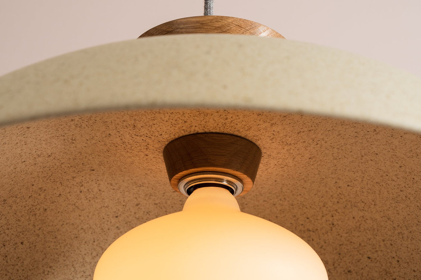 Speckled Cream Matt XL Dawn Pendant Light in Ceramic and Oak by StudioHaran