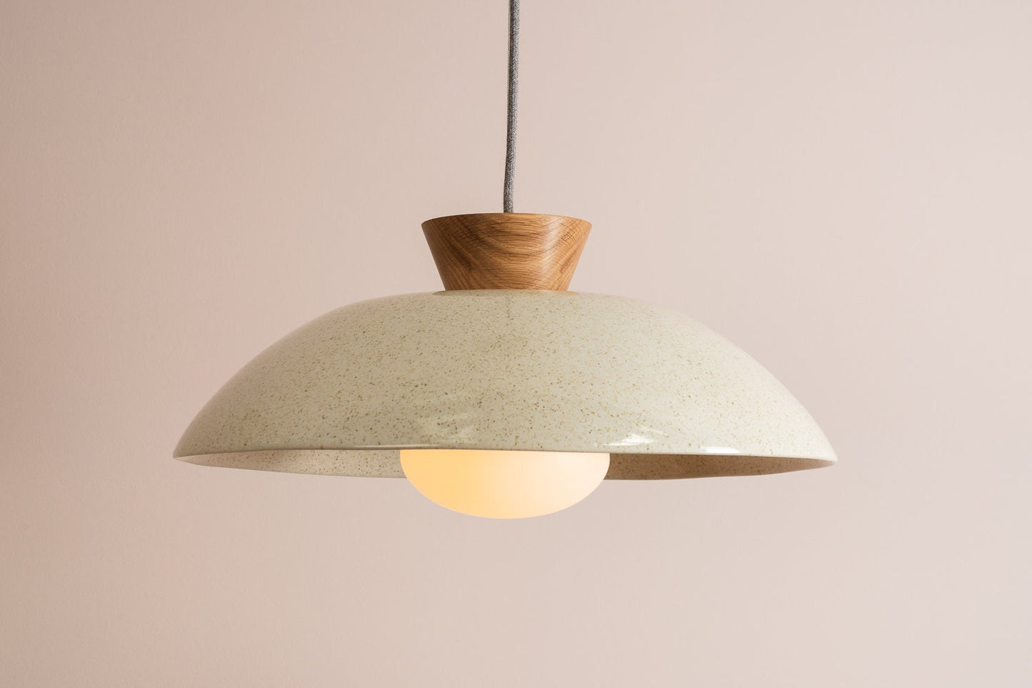 Speckled Cream Gloss XL Dawn Pendant Light in Ceramic and Oak by StudioHaran